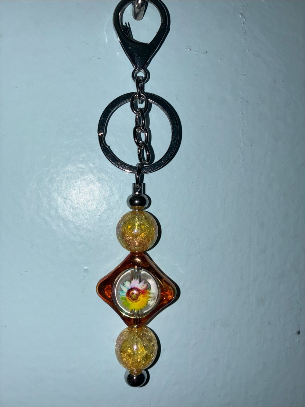 Sugar’s Handcrafted Creations 
Yellow Glass Sunflower Bag Charm Keychain